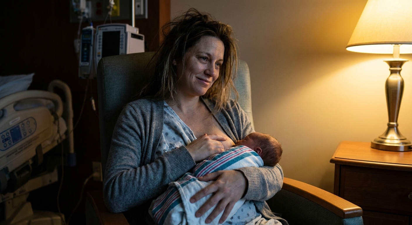 A tired but calm mother breastfeeding a newborn in a softly lit hospital room, natural candid photo