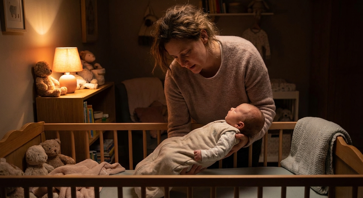 A tired but calm parent gently placing a baby into a crib at bedtime in a dim nursery with a soft lamp glow, realistic home photo