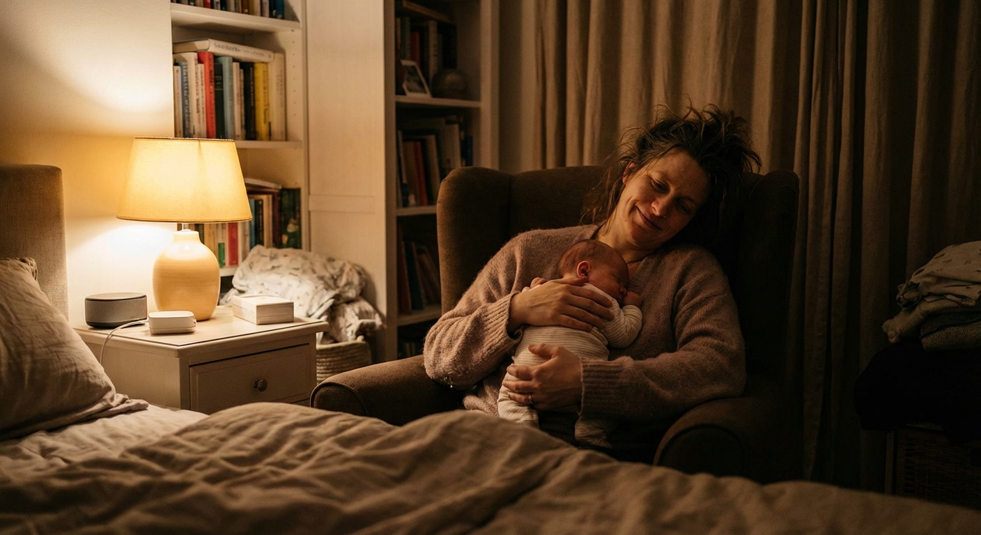 A tired but calm parent sitting in a chair at night holding a sleeping newborn against their chest, dim lamp light, quiet cozy bedroom, photorealistic lifestyle photography