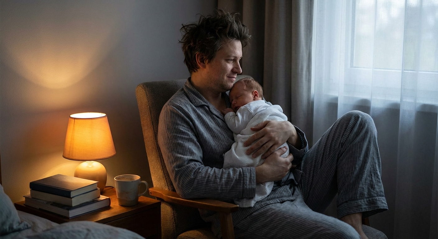 A tired but peaceful parent in pajamas holding a newborn against their chest in a dim bedroom with a bedside lamp glowing, photorealistic lifestyle photography