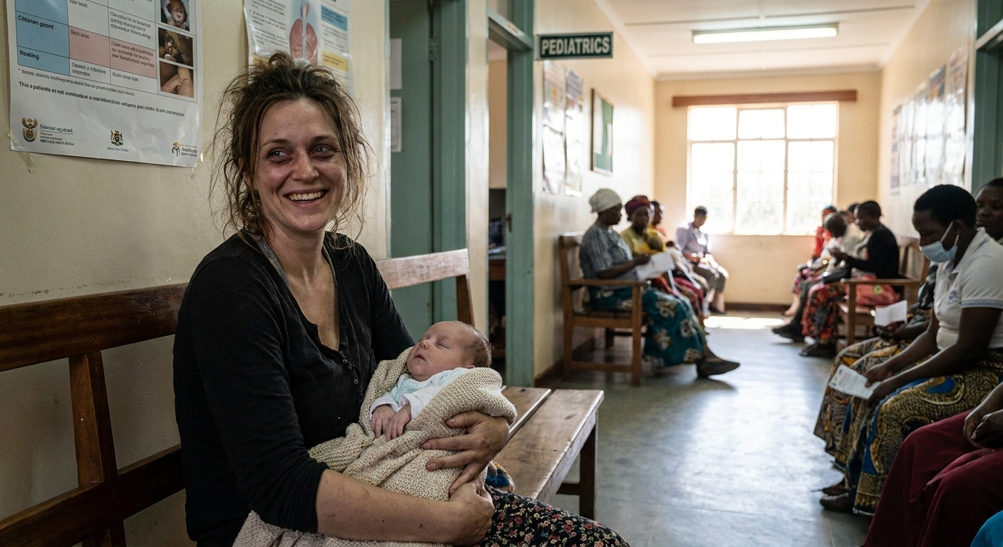 A tired but relieved parent holding an infant in a clinic hallway after a pediatric appointment, natural light, realistic photo