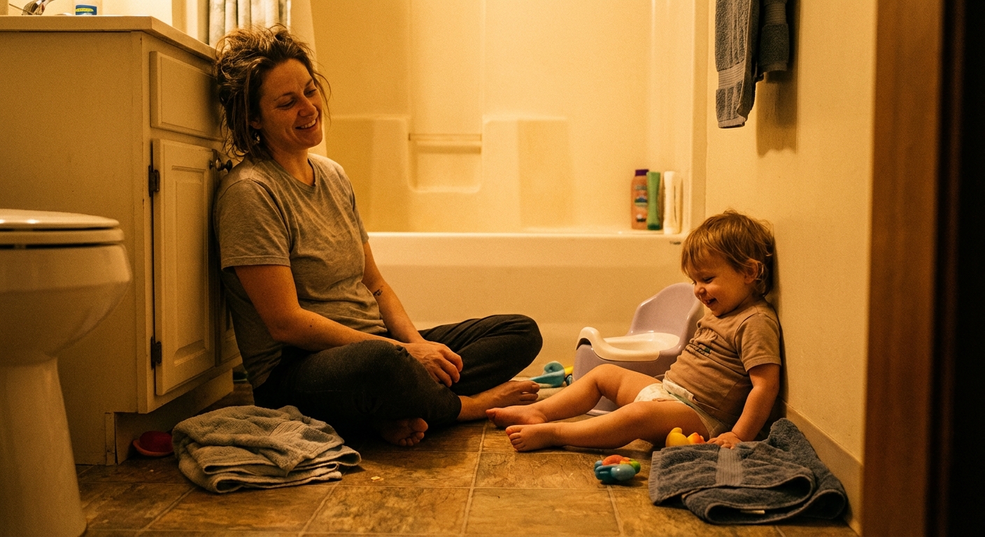 A tired but smiling parent sitting on a bathroom floor next to a toddler in underwear, both looking relaxed after a potty attempt, warm evening indoor light, realistic candid photo