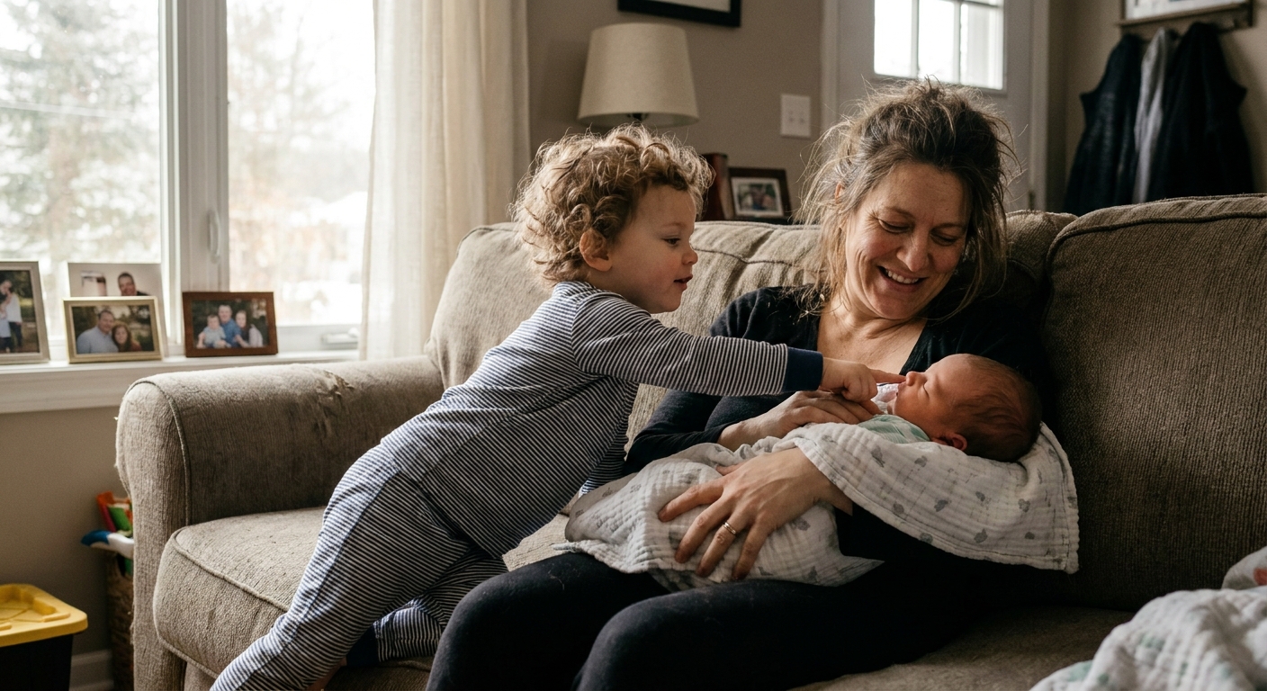 A tired but smiling parent sitting on a living room couch while a toddler gently looks at a swaddled newborn in the parent's arms, natural indoor light, real family photo