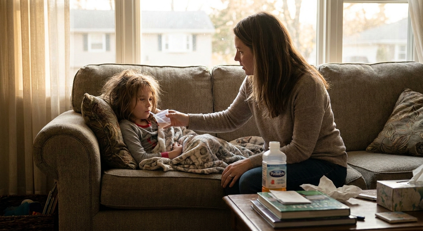 A tired elementary-age child resting on a living room couch while a parent offers small sips of oral rehydration solution from a cup, warm natural light, real-life photo