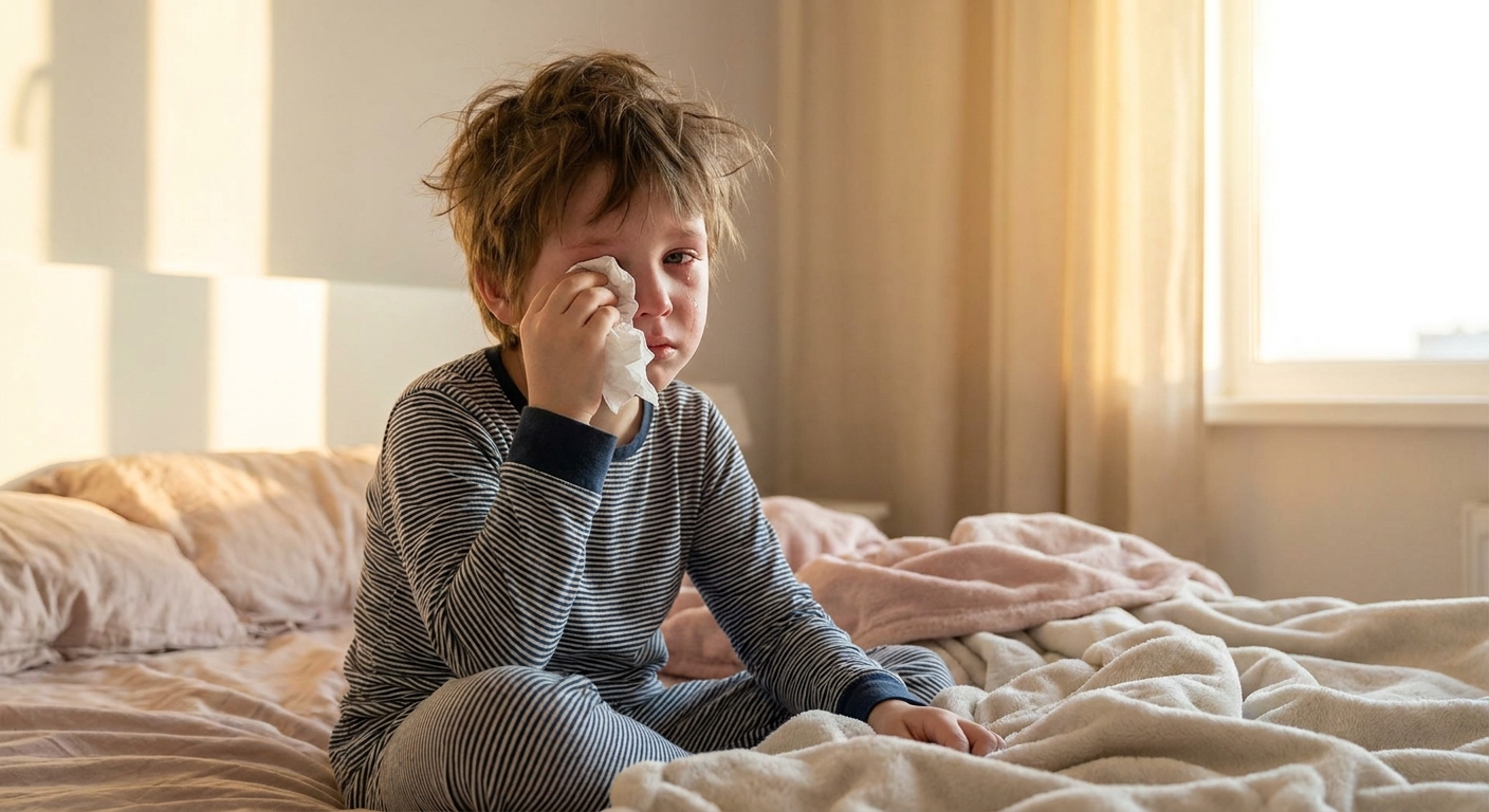 A tired elementary-aged child sitting on a bed in soft morning light with one eye red and watery, holding a tissue, realistic photo