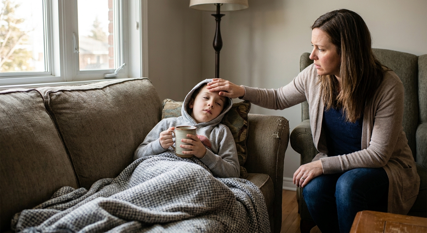 A tired elementary-aged child sitting on a couch at home holding a cup of water, looking unwell with a parent nearby, natural indoor light