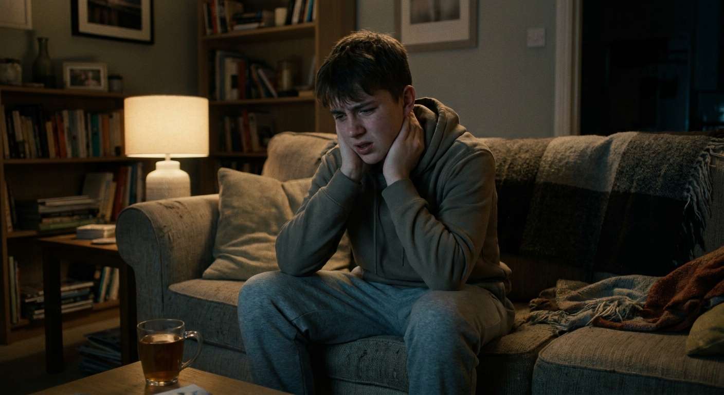 A tired-looking teenager sitting on a couch at home holding their jaw and throat as if in pain, soft indoor lighting, real photograph style