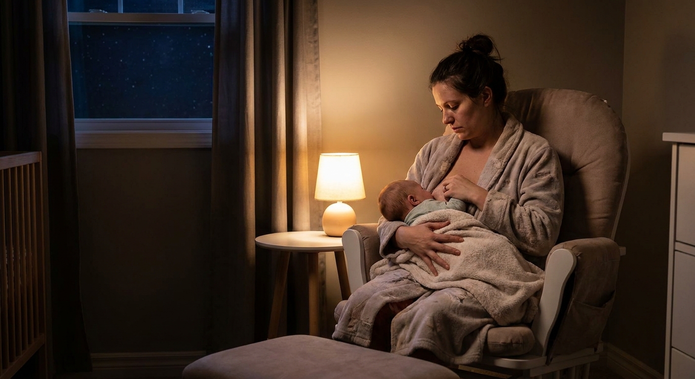 A tired mother breastfeeding her baby in a dimly lit nursery at night while sitting in a rocking chair
