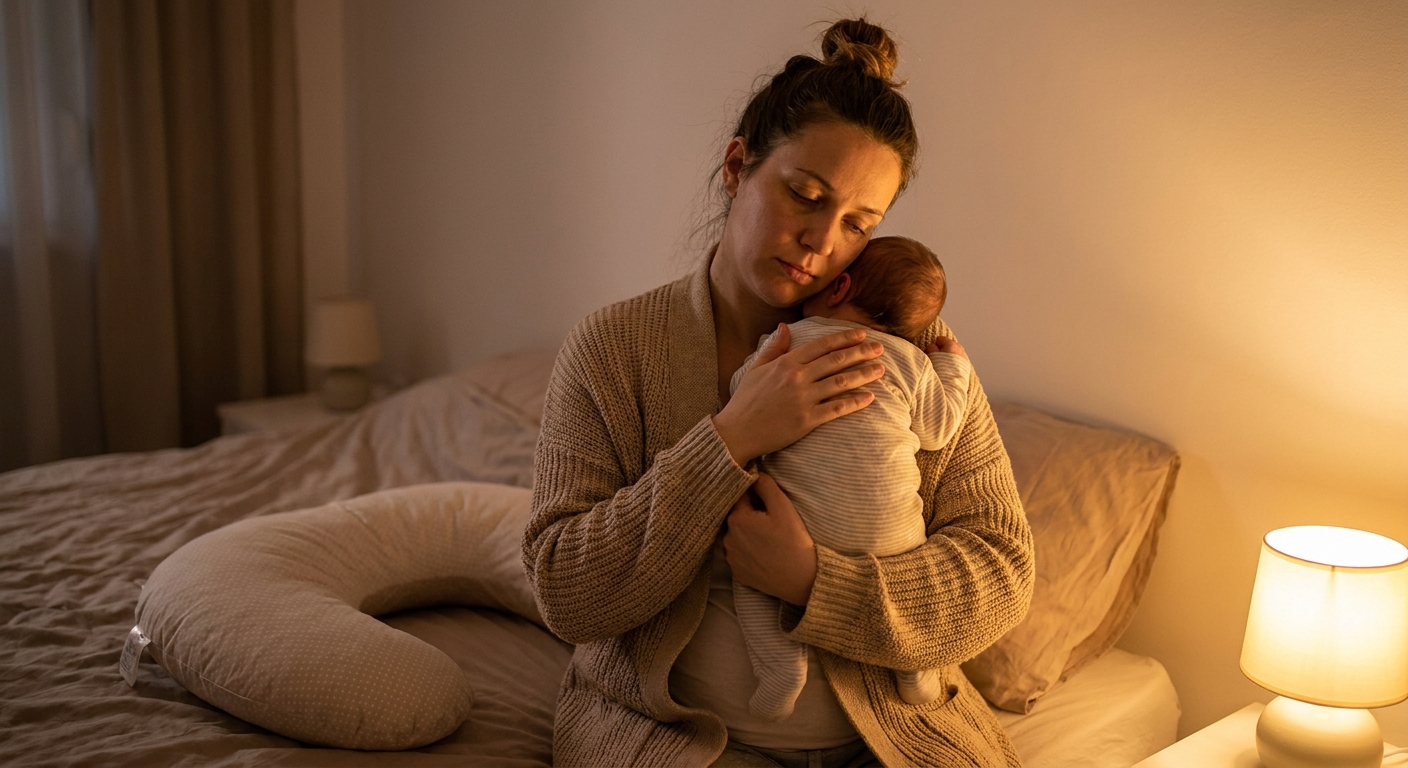 A tired mother gently burping a newborn after breastfeeding in a dimly lit bedroom, realistic photo