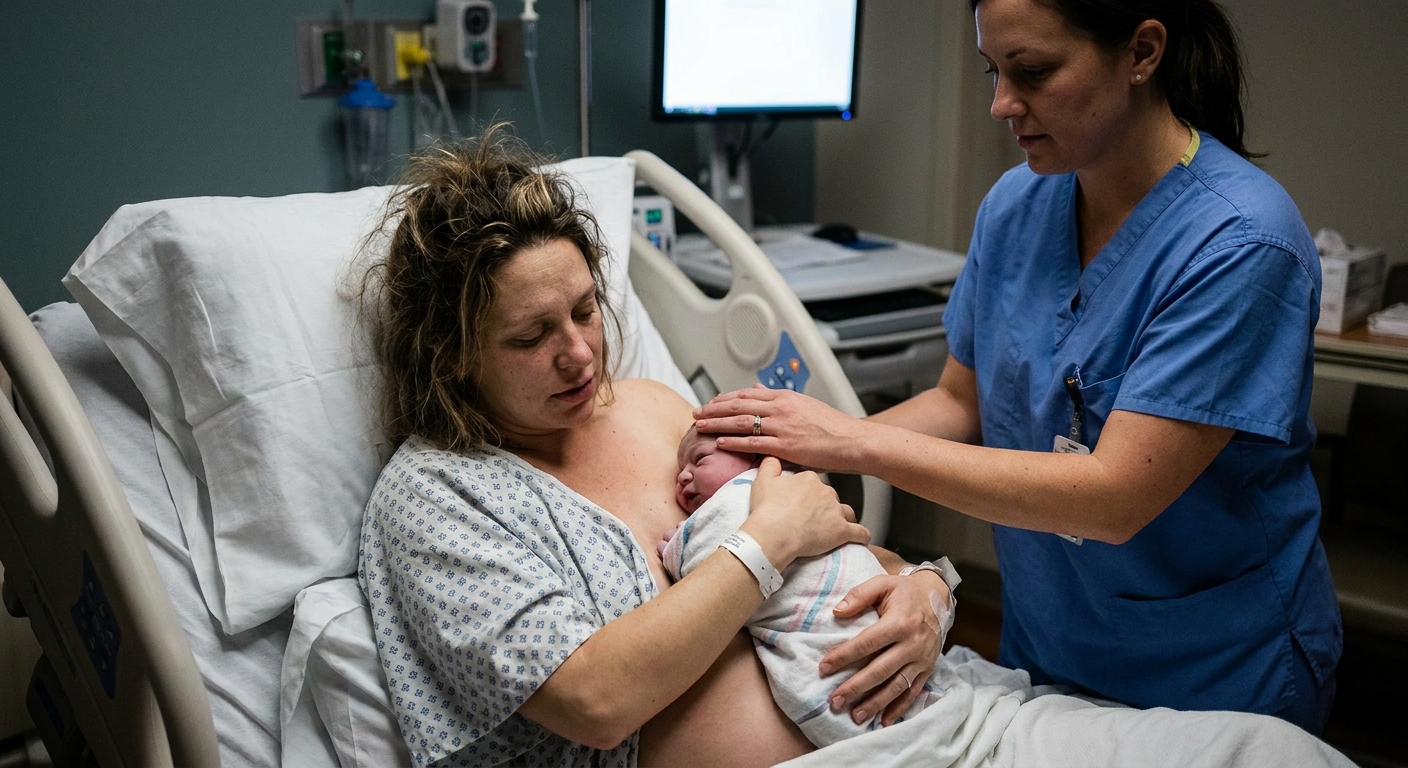 A tired mother in a hospital bed holding a newborn skin-to-skin while attempting breastfeeding with a nurse offering gentle support at the bedside