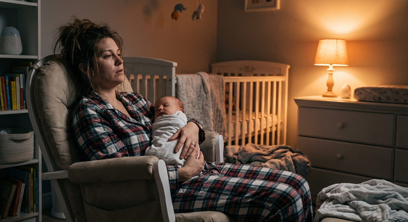 A tired mother in pajamas rocking a sleepy baby in a dim nursery with a small lamp glowing, candid nighttime photograph