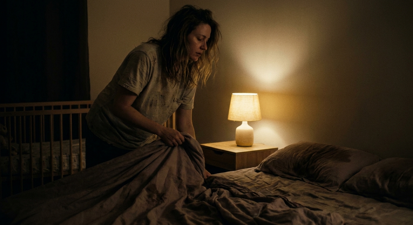 A tired new mother standing beside a bed at night, pulling off damp sheets while a bedside lamp casts a warm light in a quiet bedroom