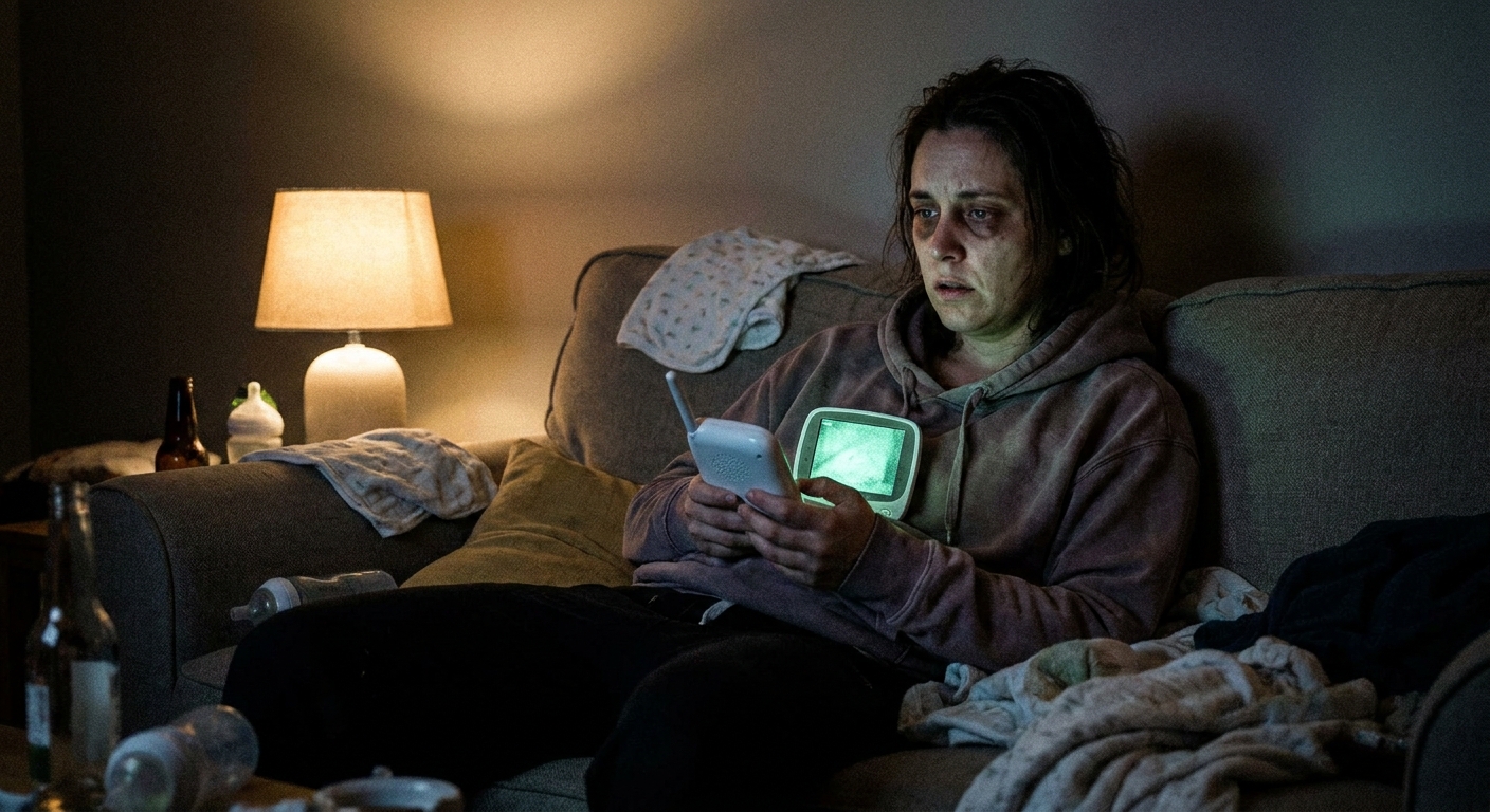 A tired new parent sitting on a couch in a dim living room at night, holding a baby monitor and looking worried, realistic indoor photograph
