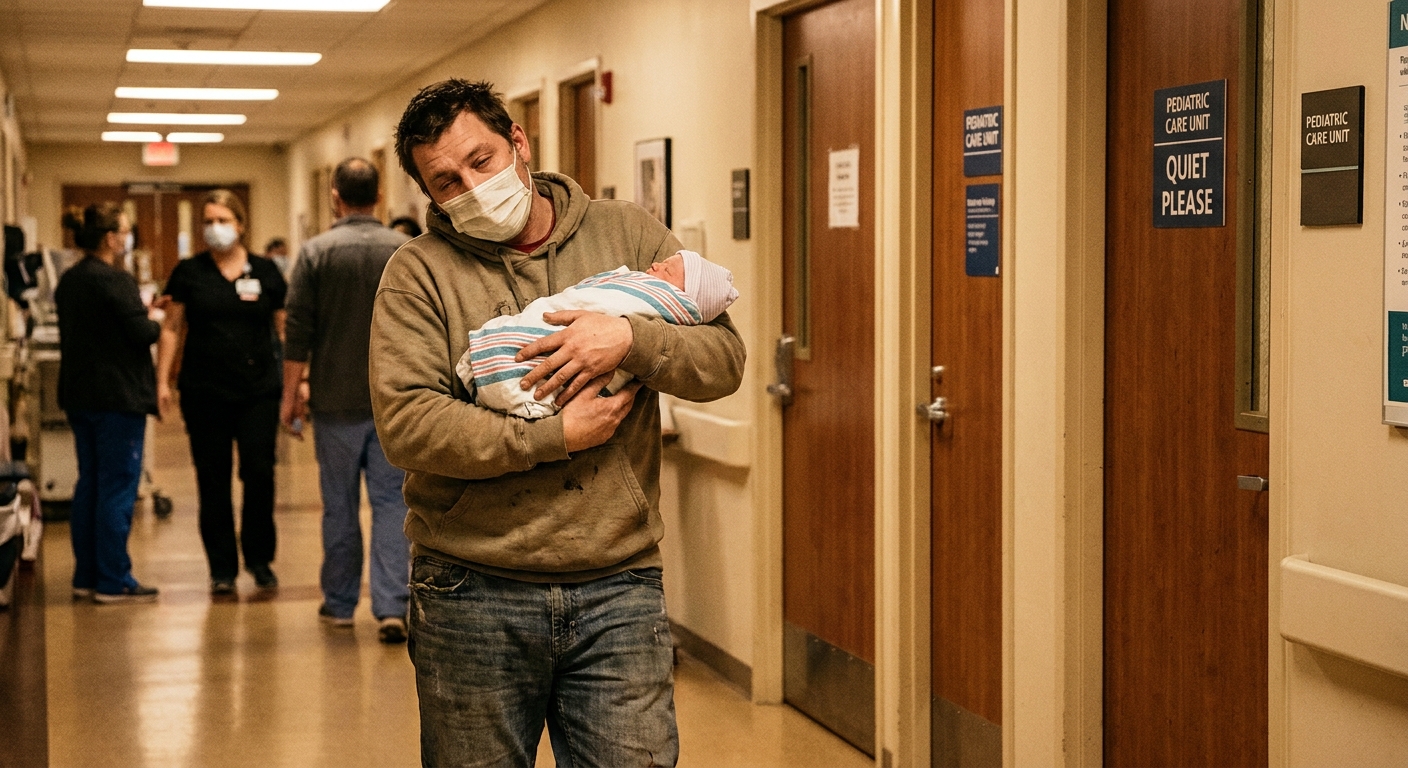 A tired parent carrying a newborn in a hospital hallway outside pediatric care rooms, realistic candid photo