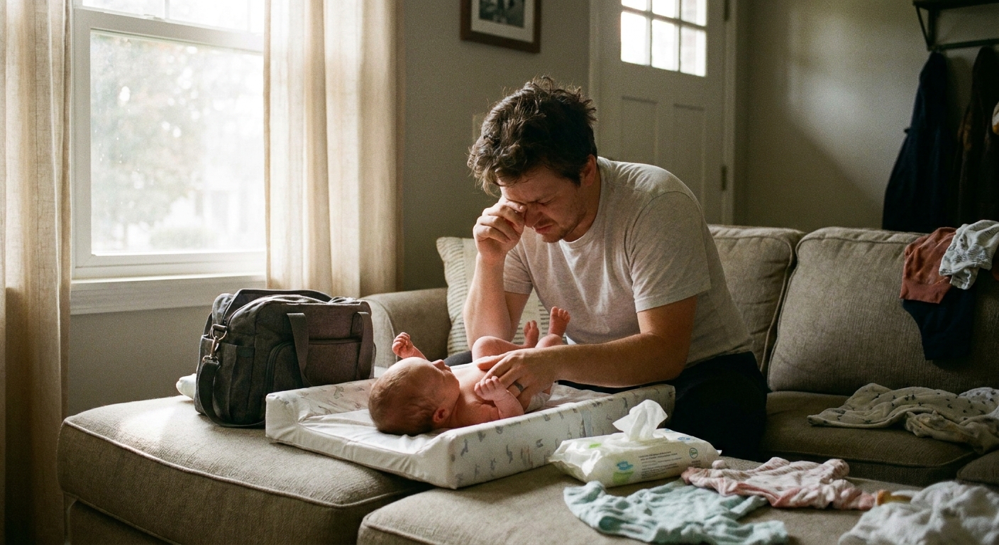 A tired parent changing a newborn's diaper on a changing pad at home, soft morning light, candid lifestyle photograph