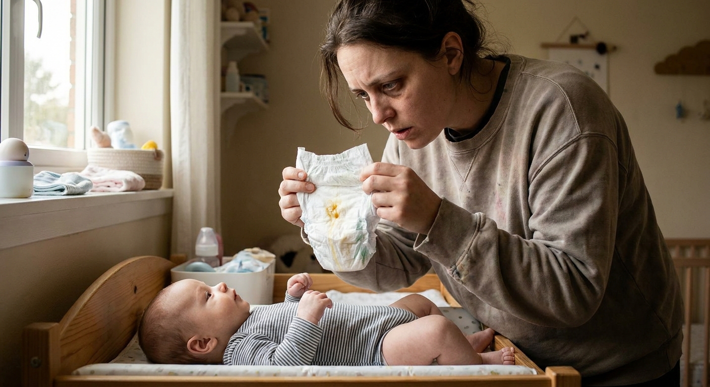 A tired parent changing an infant's diaper on a changing table, looking concerned while noticing a small amount of mucus in the stool, natural indoor light