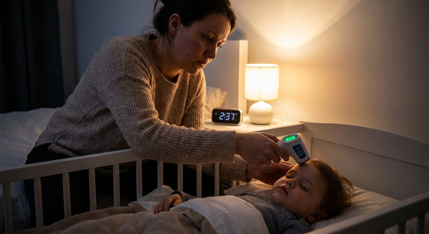 A tired parent gently checking a young child’s temperature with a forehead thermometer in a softly lit bedroom at night, realistic photo