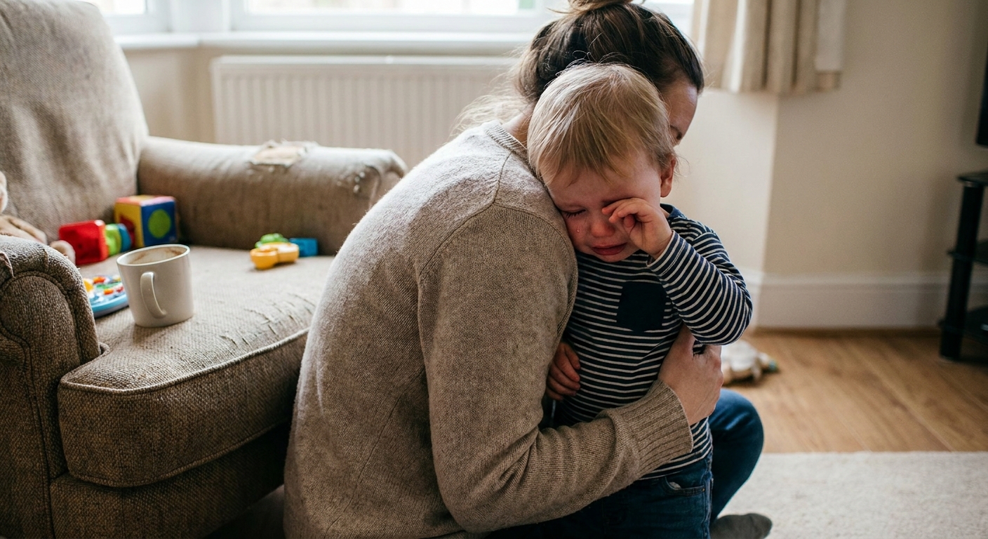 A tired parent gently comforting a toddler who is watery-eyed after being accidentally poked in the eye in a living room, real photo style