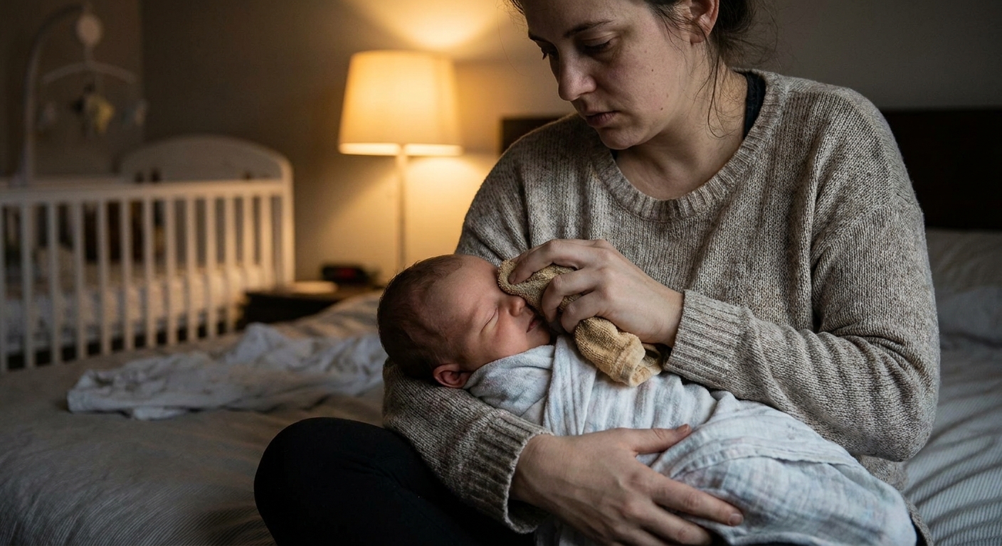 A tired parent gently holding a newborn on their lap while applying a warm washcloth to the baby’s closed eye in a softly lit bedroom, real-life photo