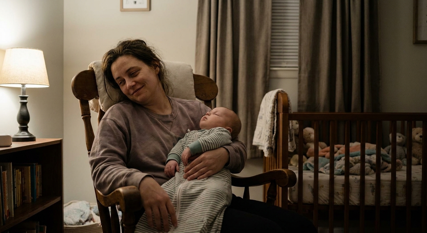 A tired parent gently rocking a five-month-old baby in a dim nursery before a nap, realistic family home photo