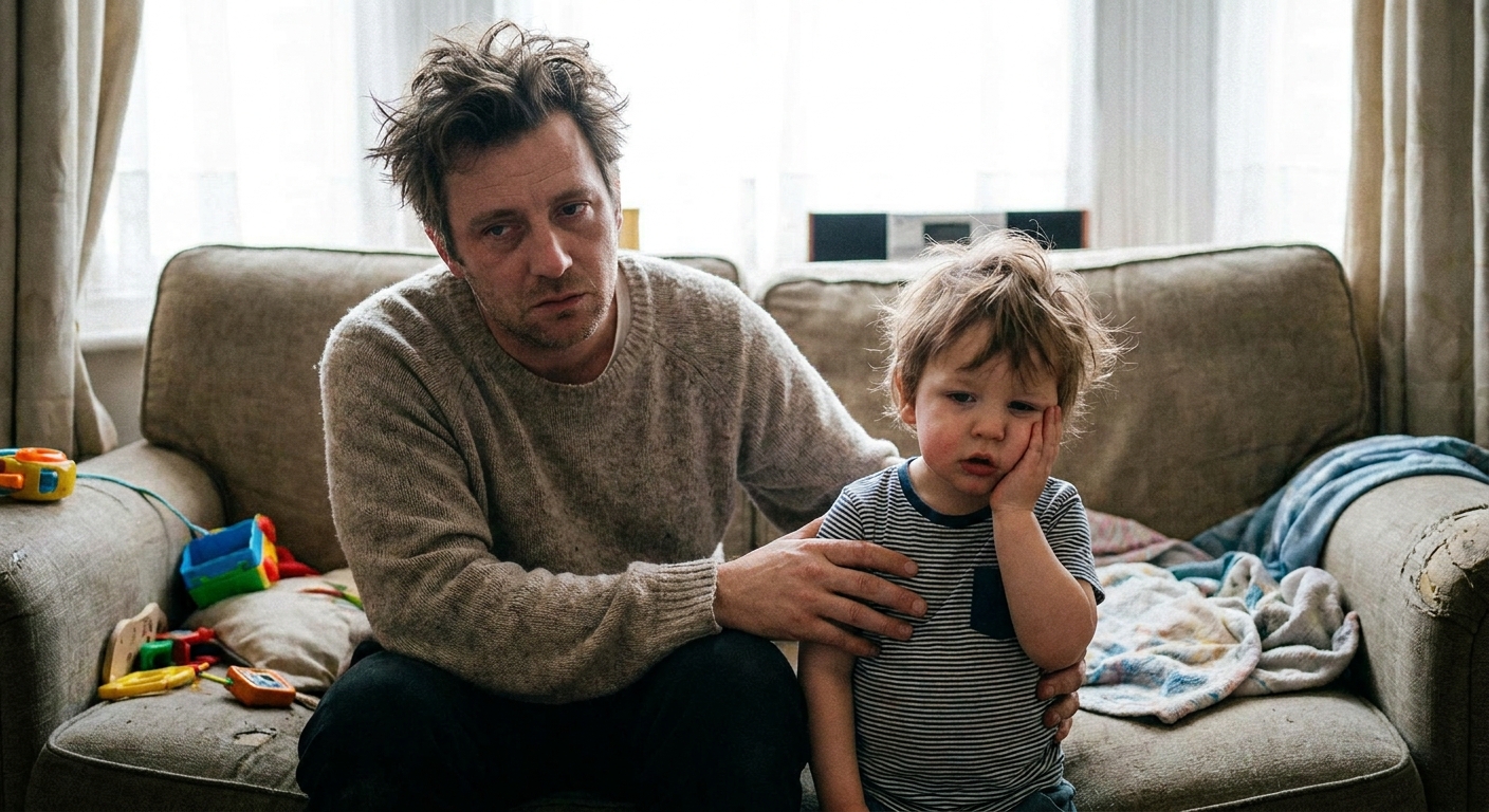 A tired parent gently supporting a young child with mild cheek swelling while the child holds their jaw, candid indoor family photo