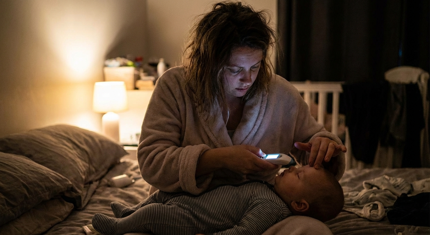 A tired parent gently taking a baby’s temperature with a digital thermometer in a dimly lit bedroom at night, photorealistic lifestyle photography