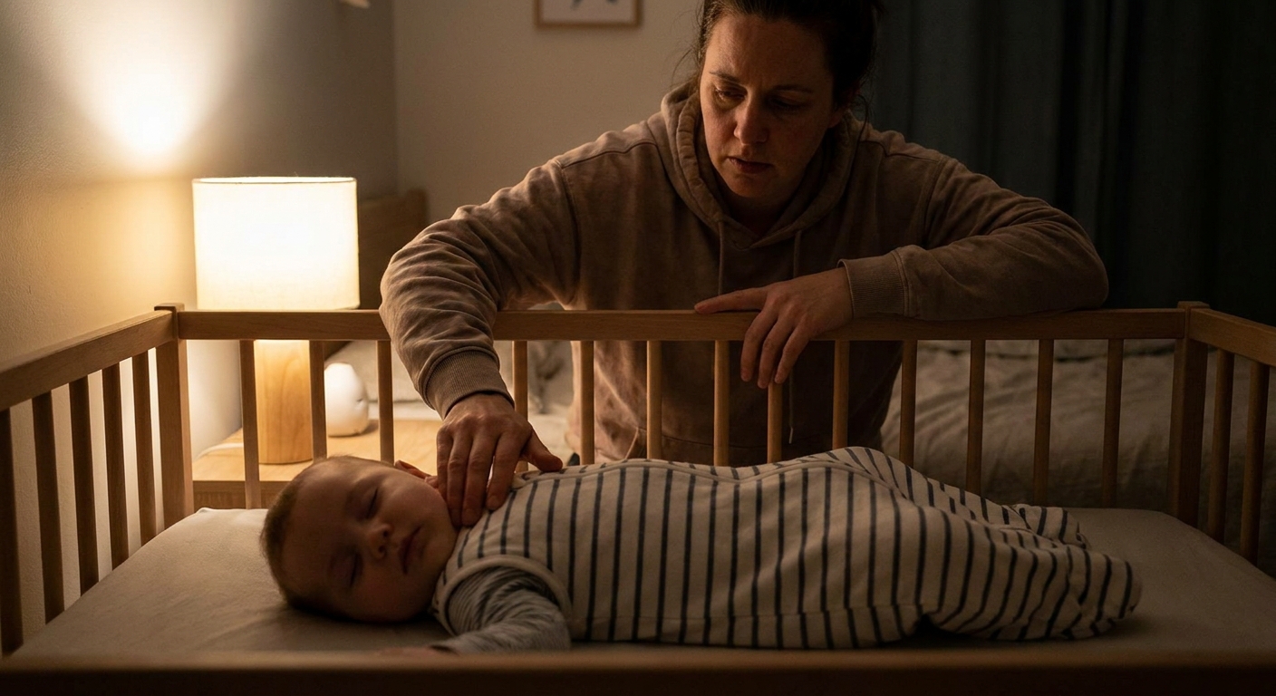A tired parent gently touching the back of a baby’s neck while the baby sleeps on their back in a crib at night