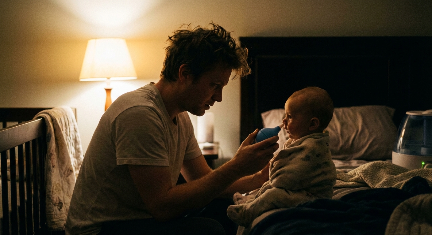 A tired parent gently using a bulb syringe to suction a baby’s nose in a softly lit bedroom at night, candid photorealistic documentary style