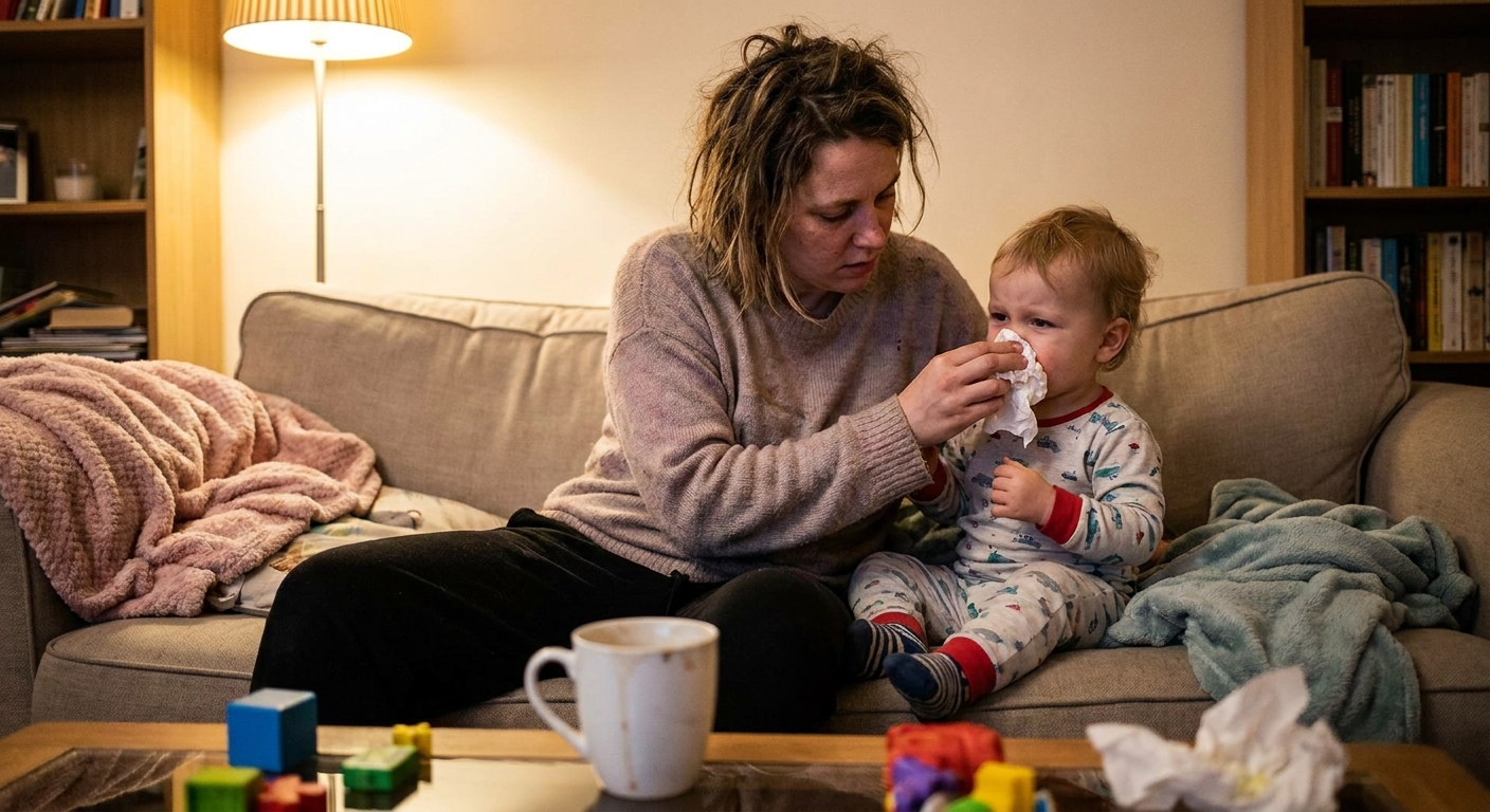 A tired parent gently wiping a toddler's runny nose with a tissue in a cozy living room, real-life candid photo