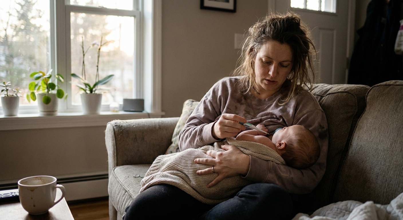 A tired parent holding a bundled newborn on a couch while checking the baby’s temperature with a digital thermometer at home, natural window light