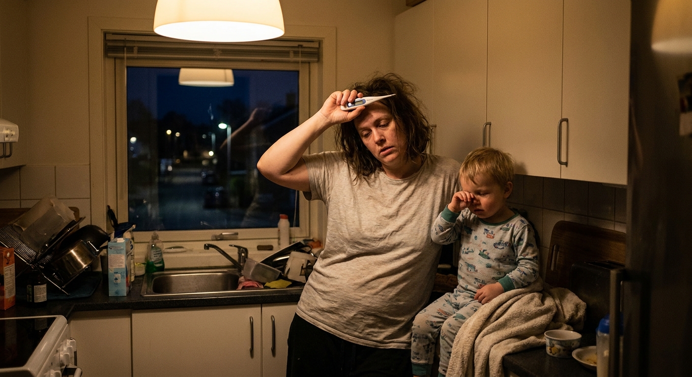 A tired parent holding a digital thermometer next to a sleepy preschool child sitting on a kitchen counter at night, realistic candid photo