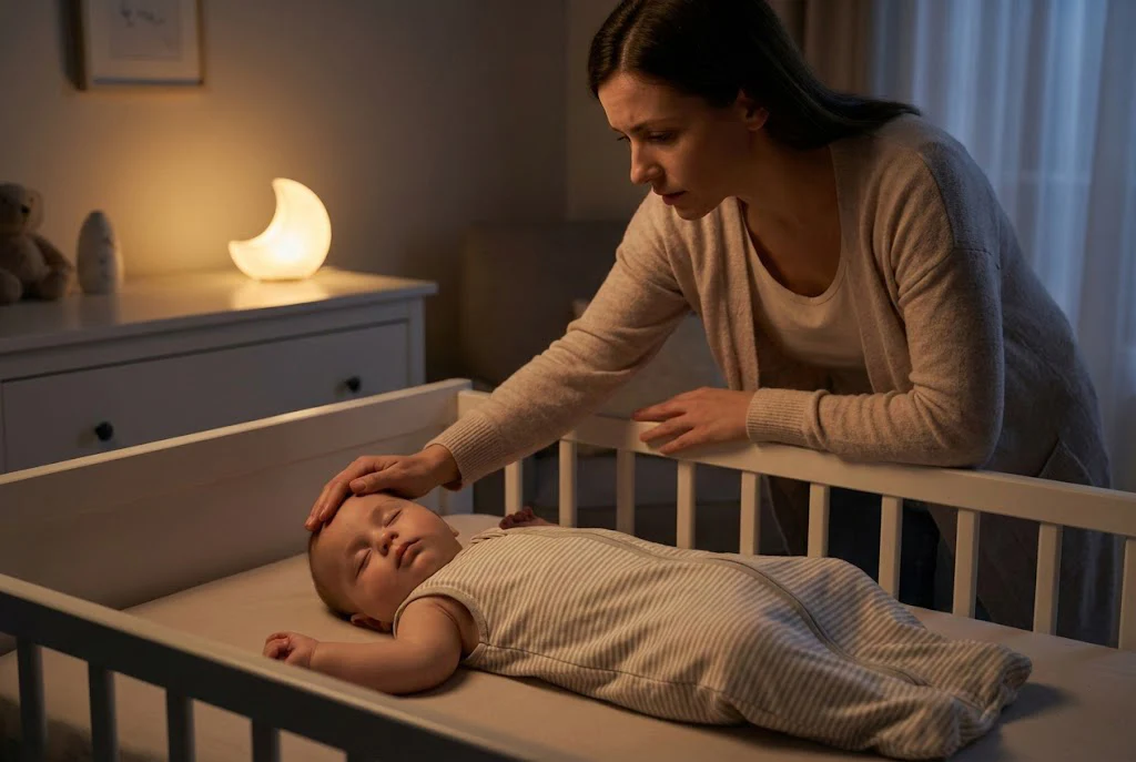 A tired parent holding a flushed, sleepy infant at night in a dimly lit bedroom, realistic lifestyle photo