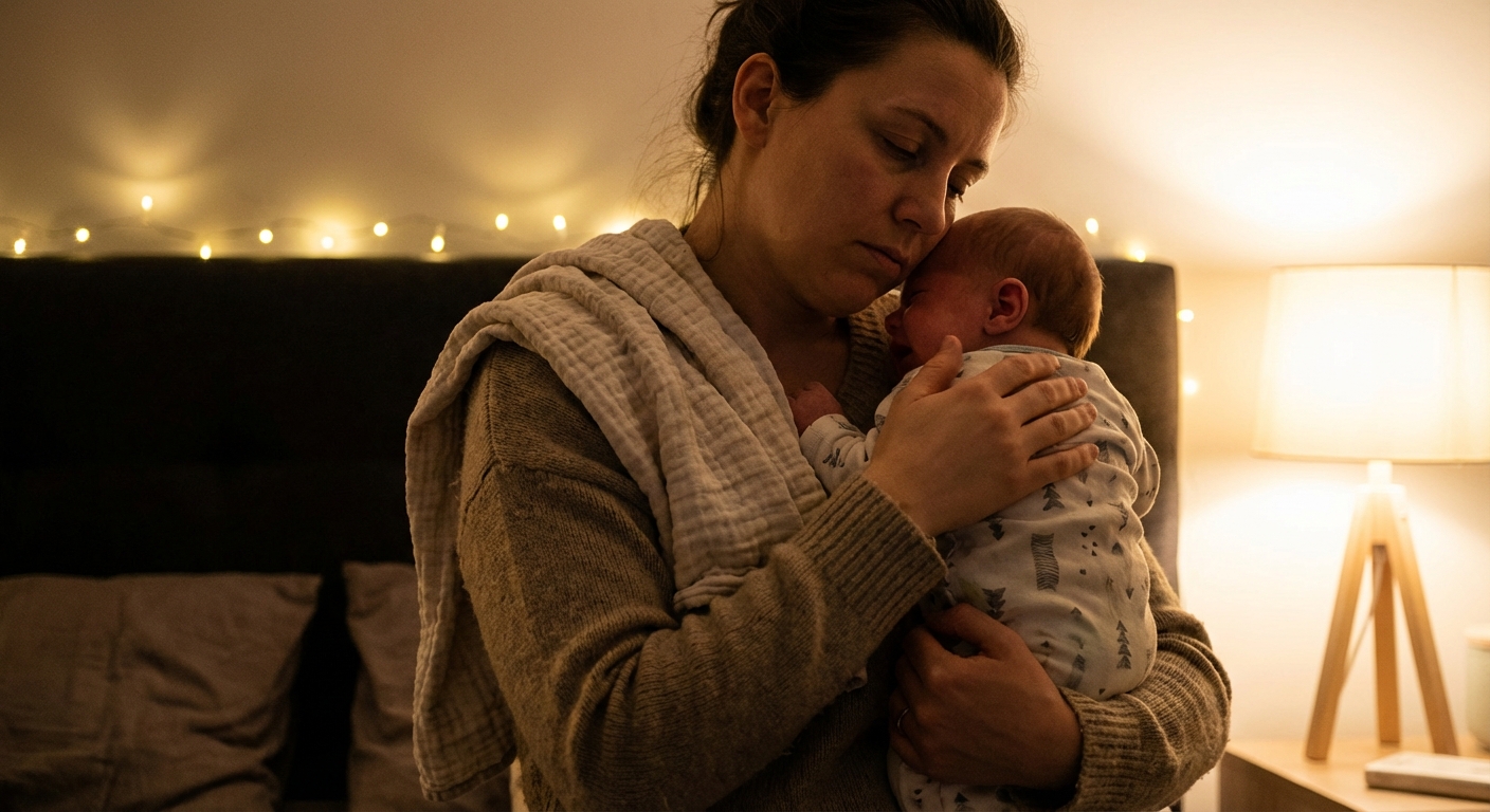 A tired parent holding a fussy baby in a softly lit bedroom at night, gently comforting the baby with the baby’s head resting against the parent’s shoulder, photorealistic lifestyle photography