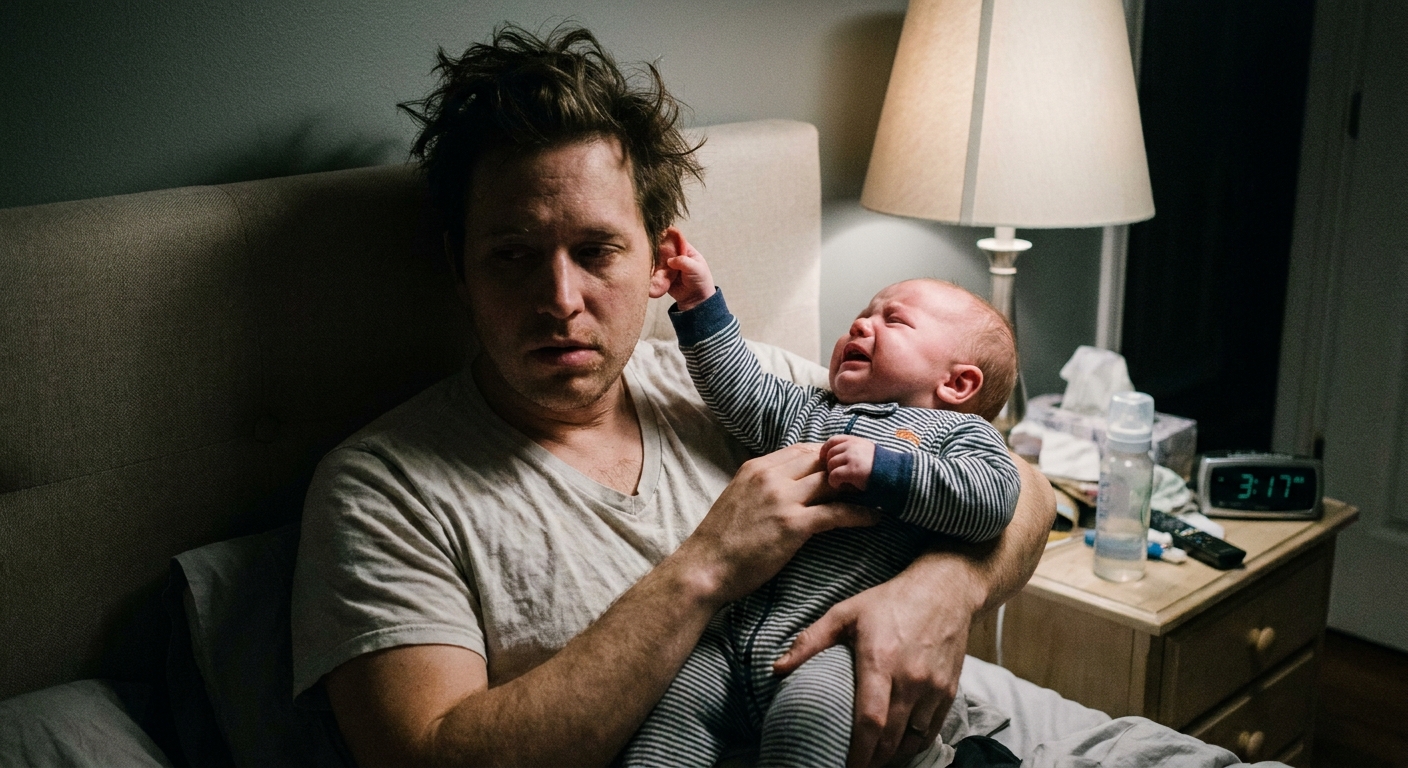 A tired parent holding a fussy baby in dim bedroom light while the baby tugs one ear, candid real-life photo