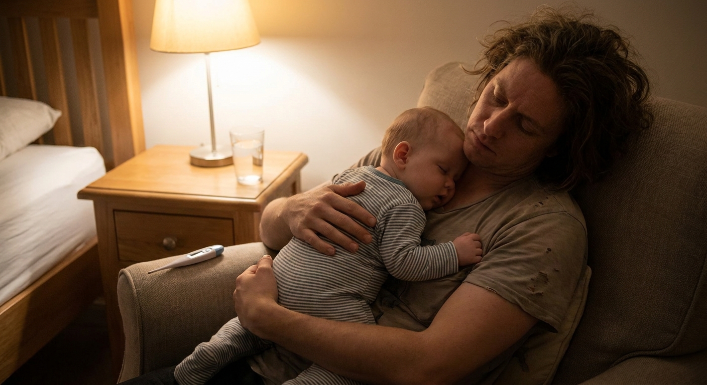 A tired parent holding a sleepy infant on their shoulder in a softly lit bedroom, the baby bundled in a onesie with a thermometer on a nearby nightstand, realistic photo