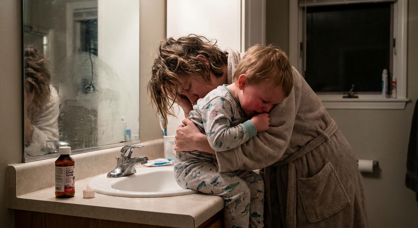A tired parent holding a toddler in a bathroom near a sink as the toddler coughs, realistic candid photography style