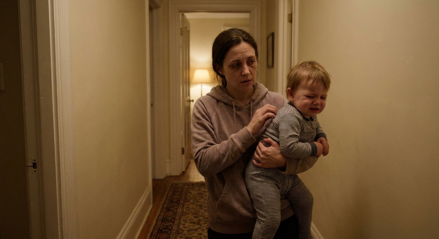A tired parent holding a toddler in pajamas in a softly lit hallway at night, the toddler looking uncomfortable while the parent looks concerned, realistic photo