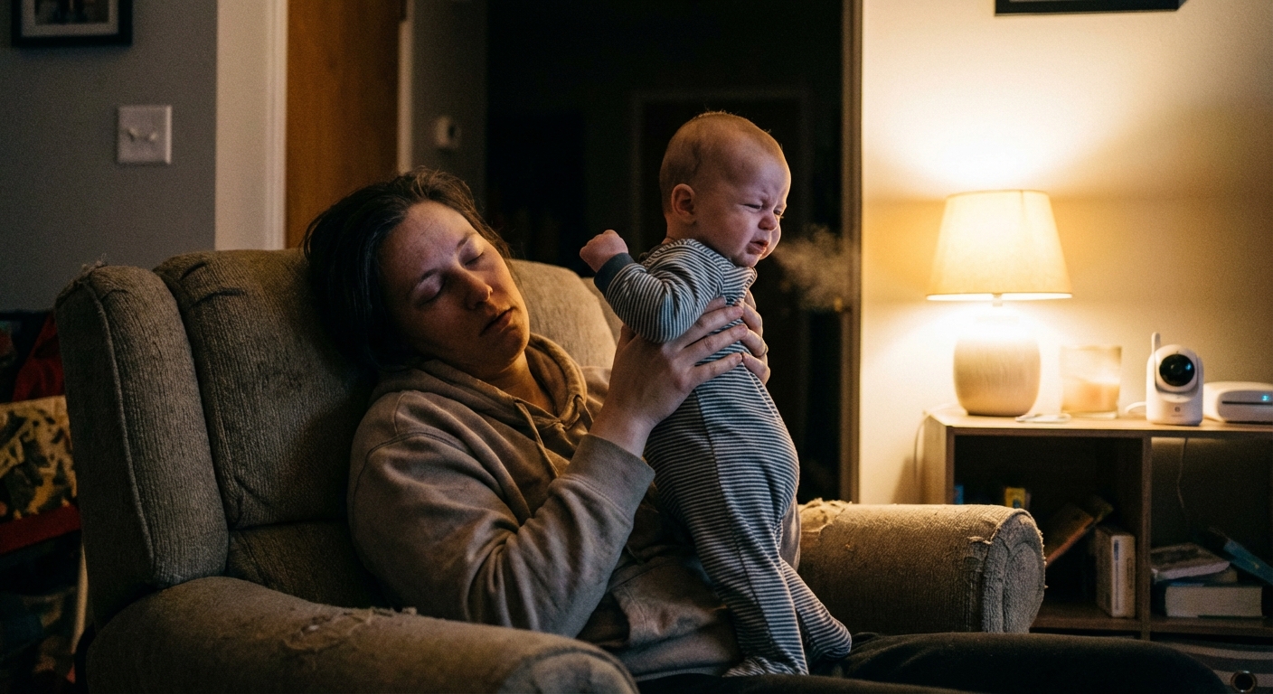 A tired parent holding an infant upright against their shoulder while the baby coughs, soft indoor nighttime lighting, candid documentary style photograph