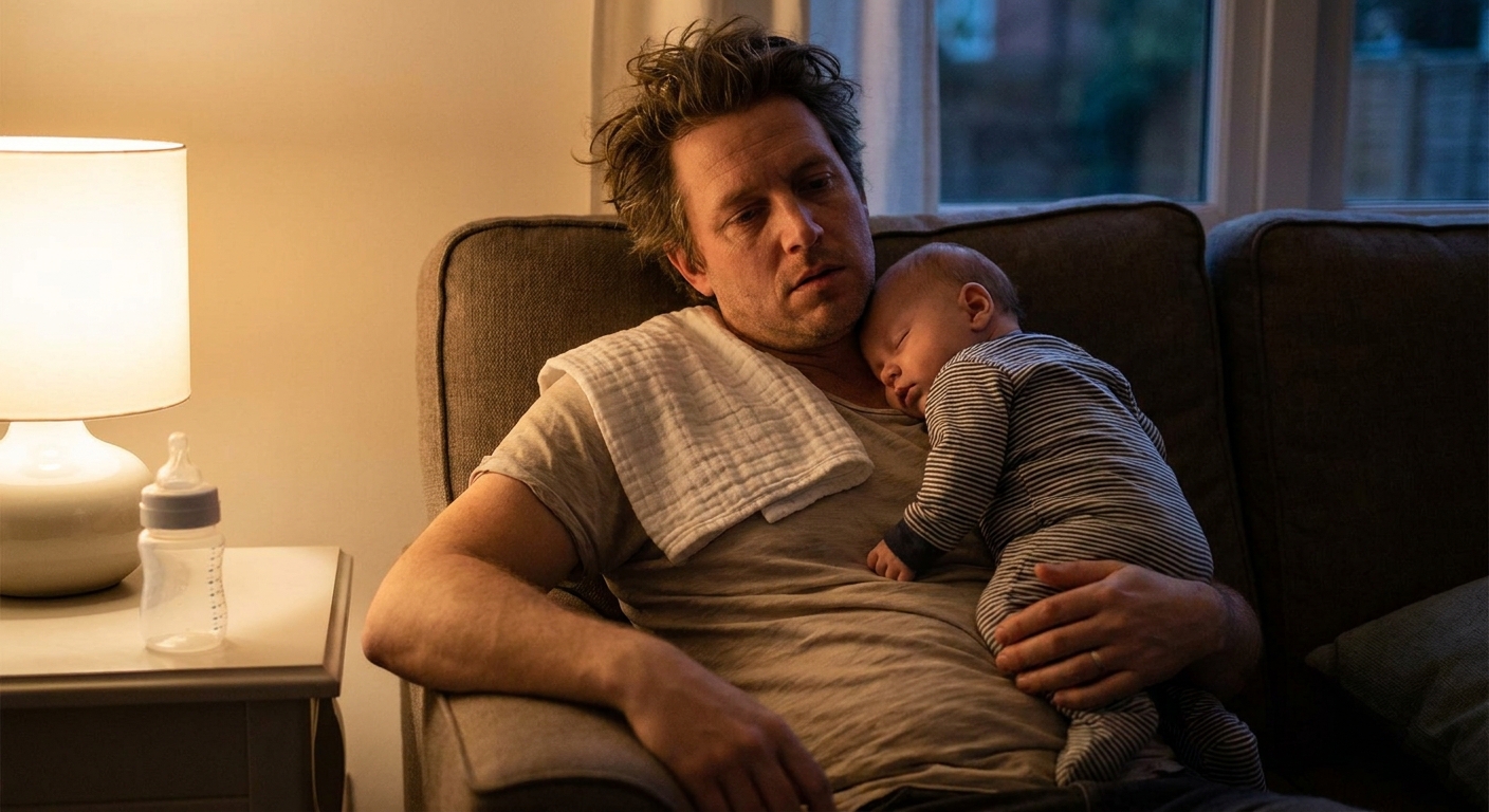 A tired parent holding an infant upright against their chest after a bottle feeding, with a burp cloth on the parent’s shoulder in a softly lit living room
