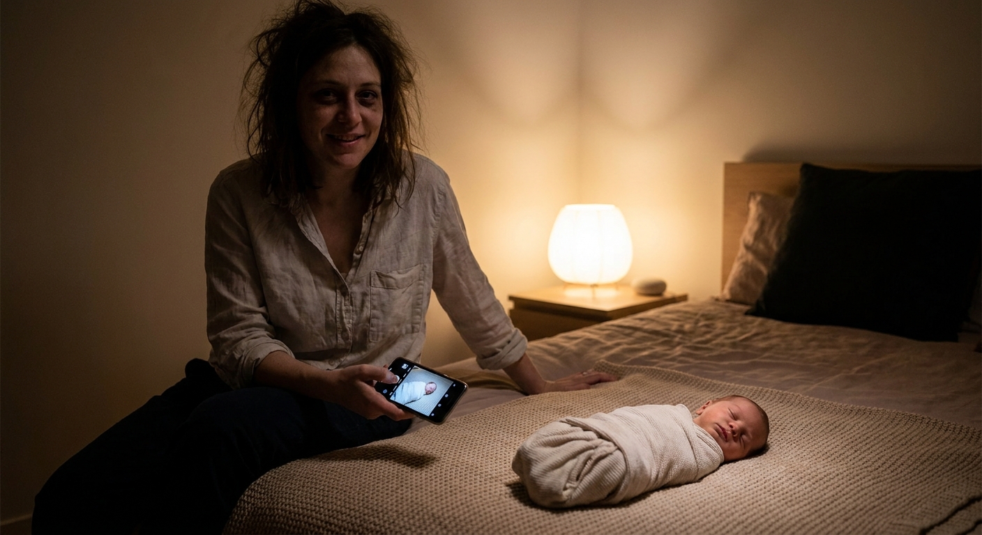 A tired parent in a softly lit bedroom taking a gentle photo of their newborn with a smartphone while the baby rests on a blanket, realistic lifestyle photo