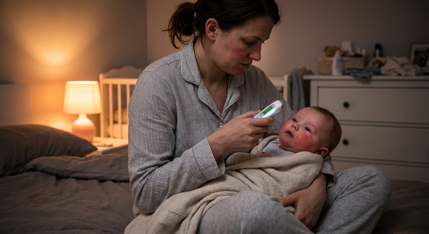 A tired parent in pajamas holding a digital thermometer near a bundled baby with flushed cheeks in a softly lit bedroom at night, real photo style