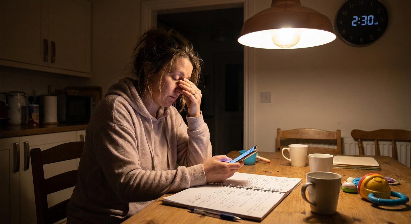 A tired parent sitting at a kitchen table at night with a phone in hand and a notebook open, warm indoor lighting, realistic photo
