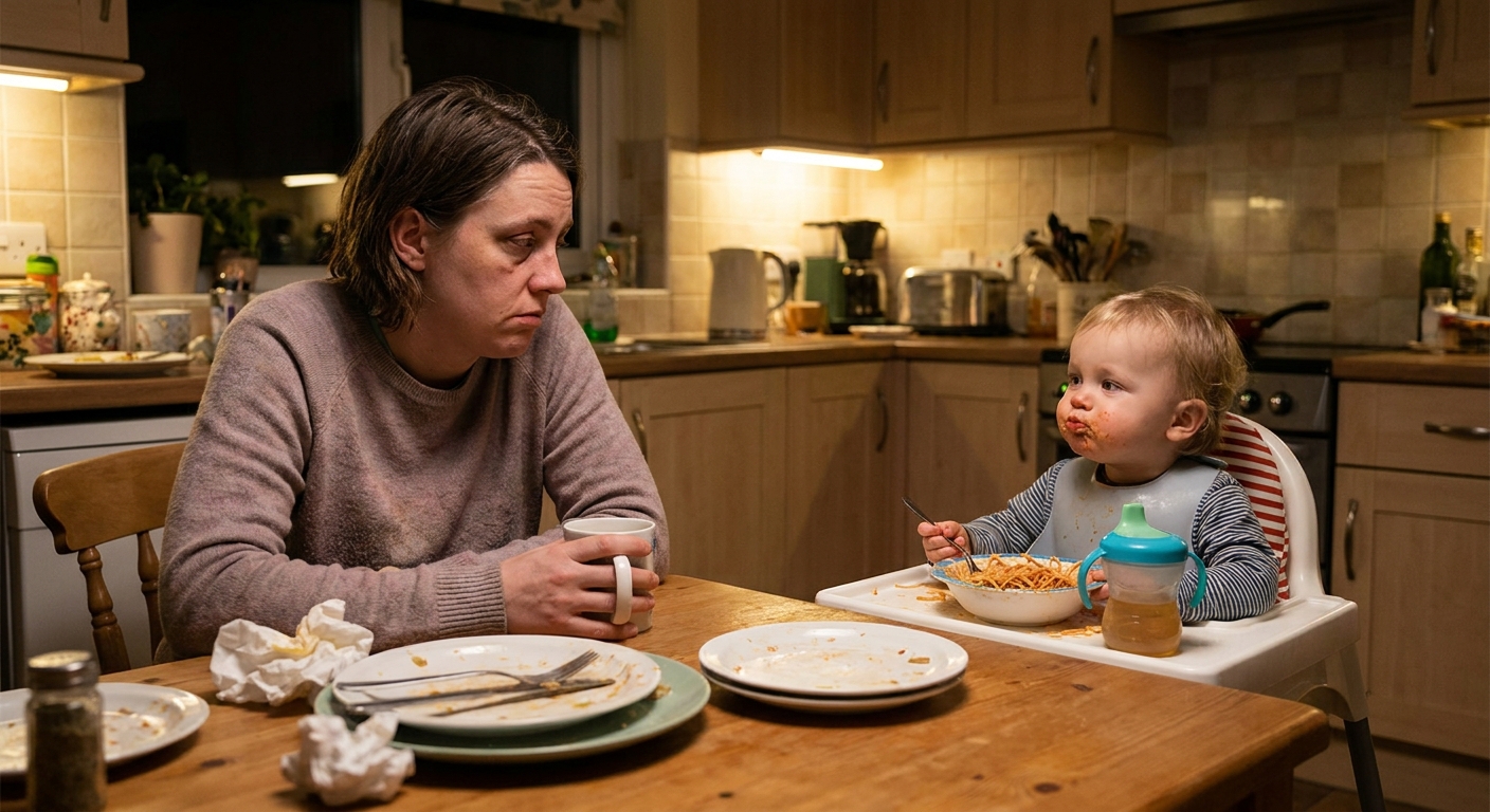 A tired parent sitting at a kitchen table watching a toddler with puffed cheeks as if food is tucked inside, realistic family dinner photo