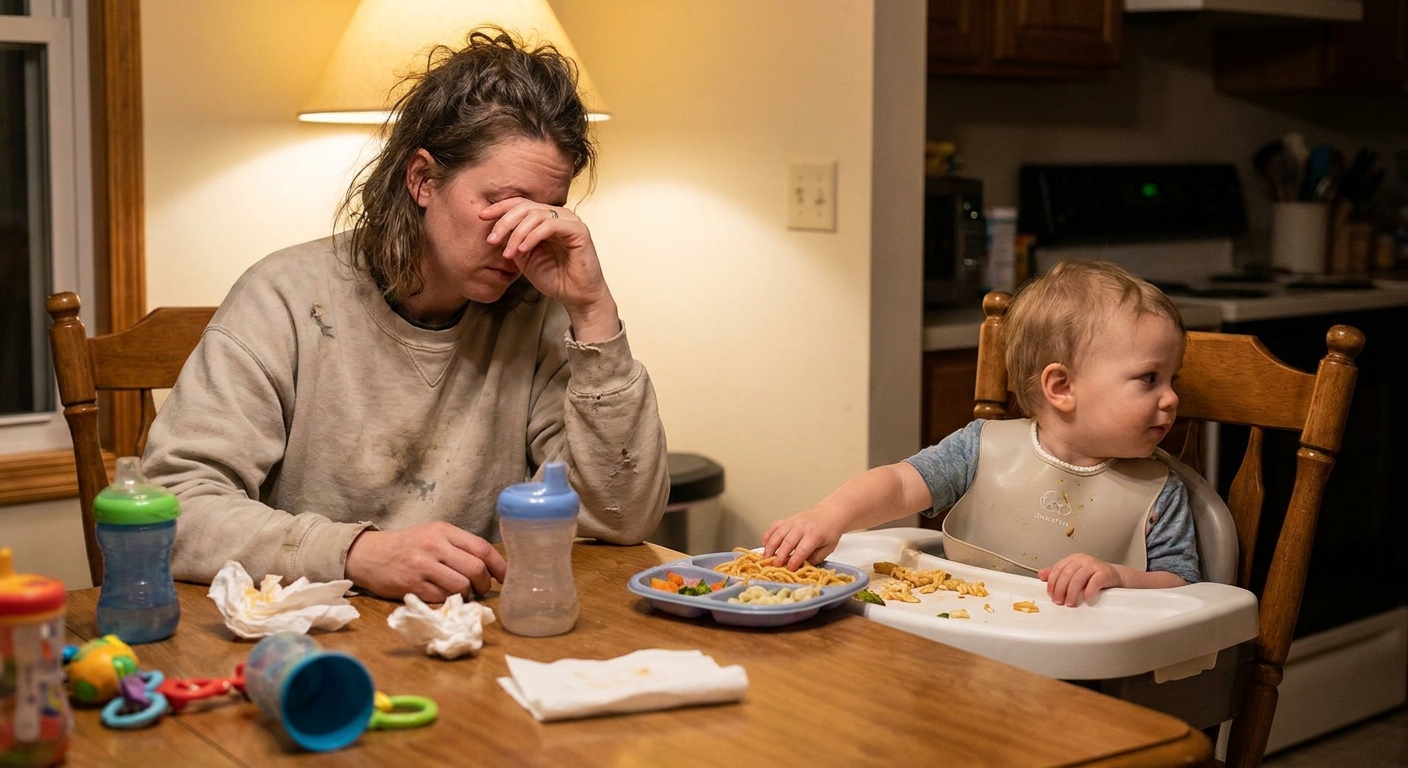 A tired parent sitting at a kitchen table while a toddler pushes away a plate of dinner, real-life family photo in warm indoor lighting