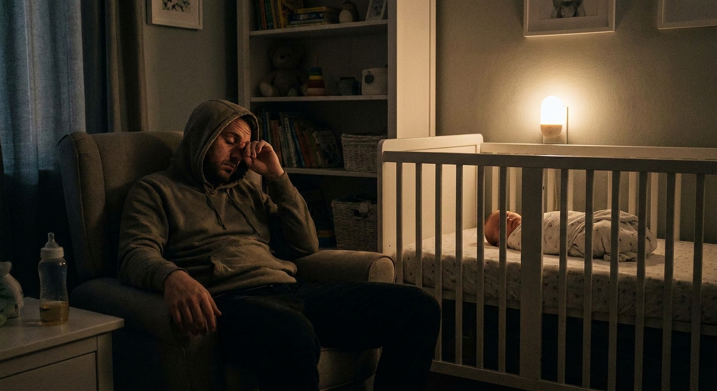 A tired parent sitting in a dim nursery at night, gently watching a sleeping infant in a crib, realistic home photography style