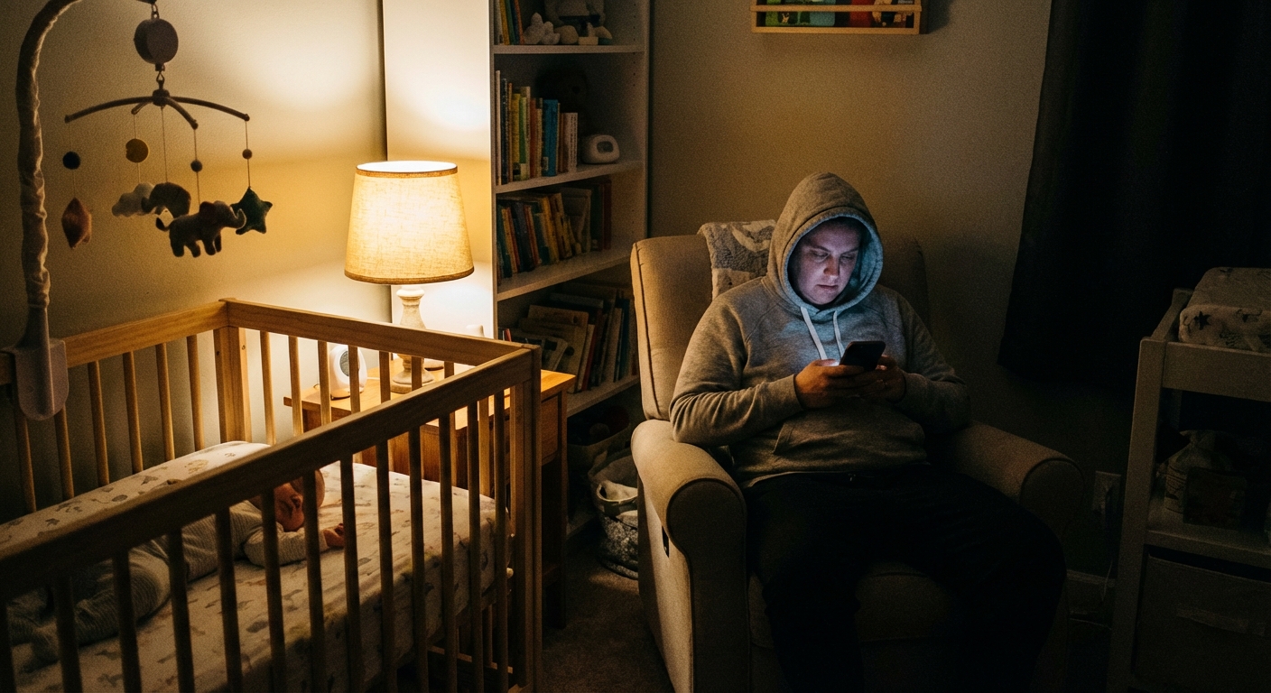 A tired parent sitting in a dimly lit nursery at night holding a phone while a baby sleeps in a crib nearby, soft lamp light, realistic documentary-style photograph
