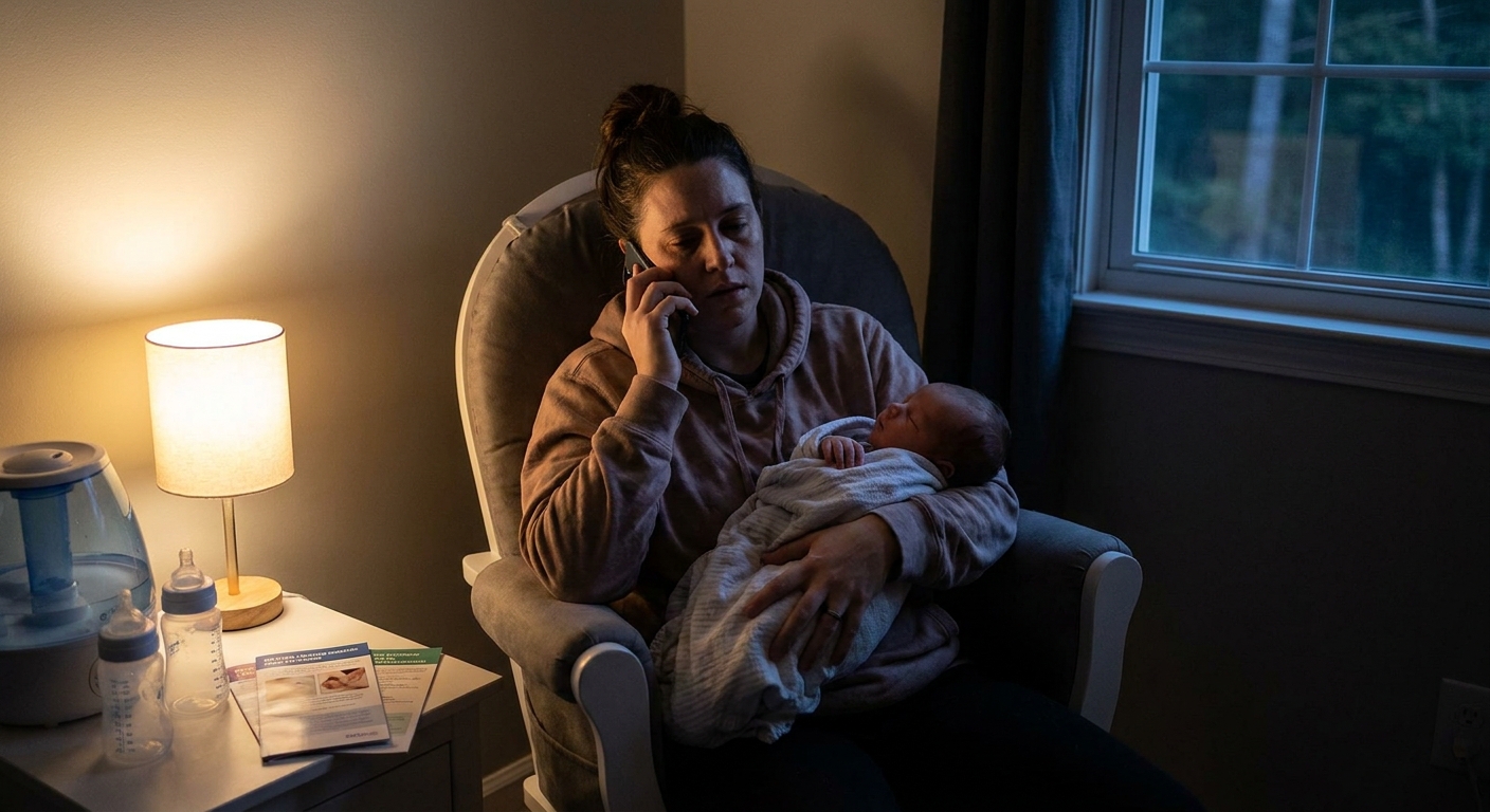 A tired parent sitting in a dimly lit nursery at night holding a sleeping newborn while making a phone call for medical advice, realistic photo