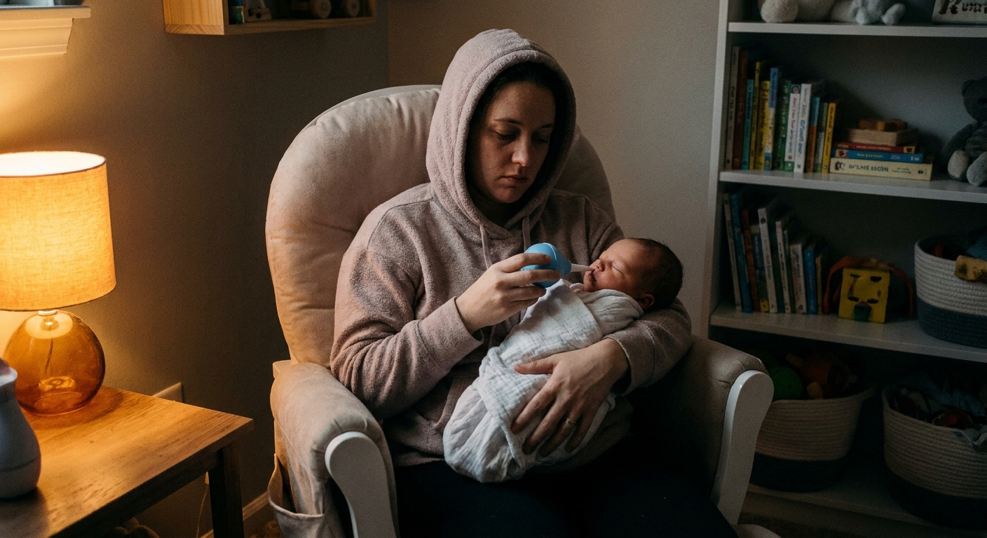 A tired parent sitting in a nursery chair gently holding a newborn while using a bulb syringe near the baby’s nose, warm indoor lighting, real-life photo style