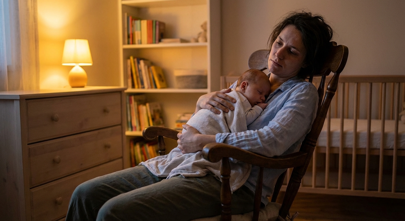A tired parent sitting in a rocking chair holding a sleeping baby against their chest in a dim nursery, soft warm lamp light, peaceful but exhausted mood, photorealistic