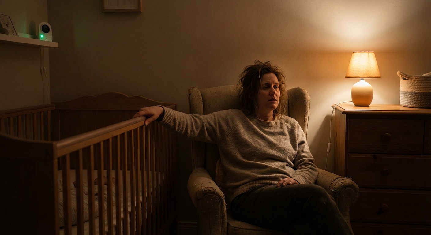 A tired parent sitting on a chair next to a baby crib in a softly lit nursery at night, one hand resting on the crib rail, photorealistic lifestyle photography